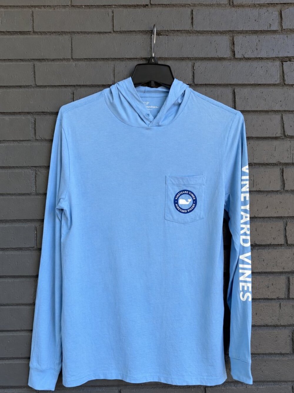 Vineyard Vines Blue Hooded Pocket Shirt Small Whale Logo Coastal Preppy